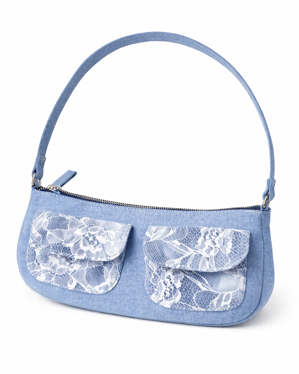 Blue handbag with lace detailing on a white background