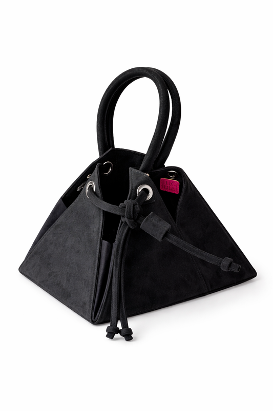 Black pyramid-shaped handbag with drawstring on a white background