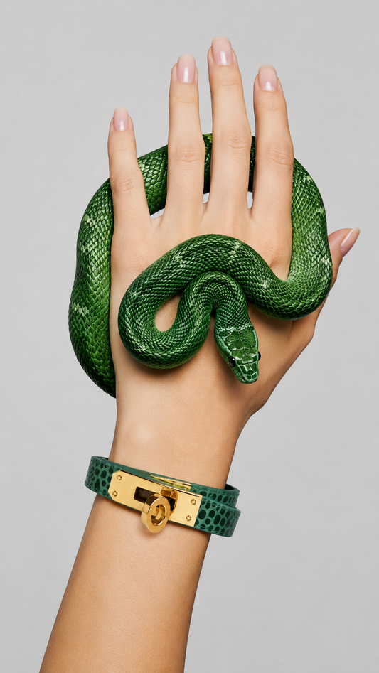 A green python-skin cuff bracelet with a gold clasp worn on a hand, with a real green snake draped over the hand against a light gray background.