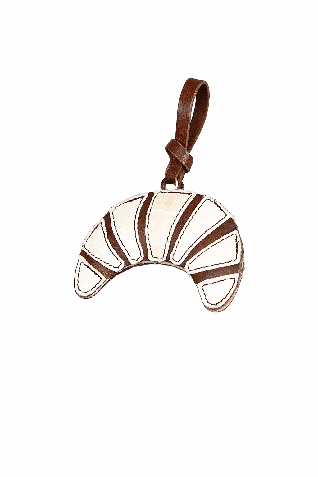 Decorative crescent moon ornament with brown and white stripes on a white background