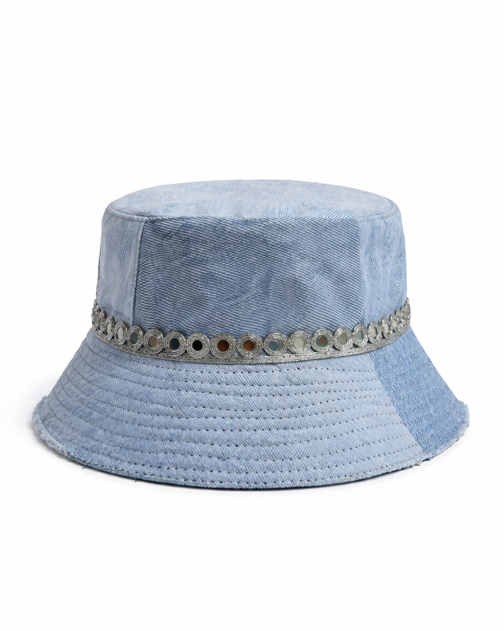 Light blue bucket hat with a decorative band on a white background