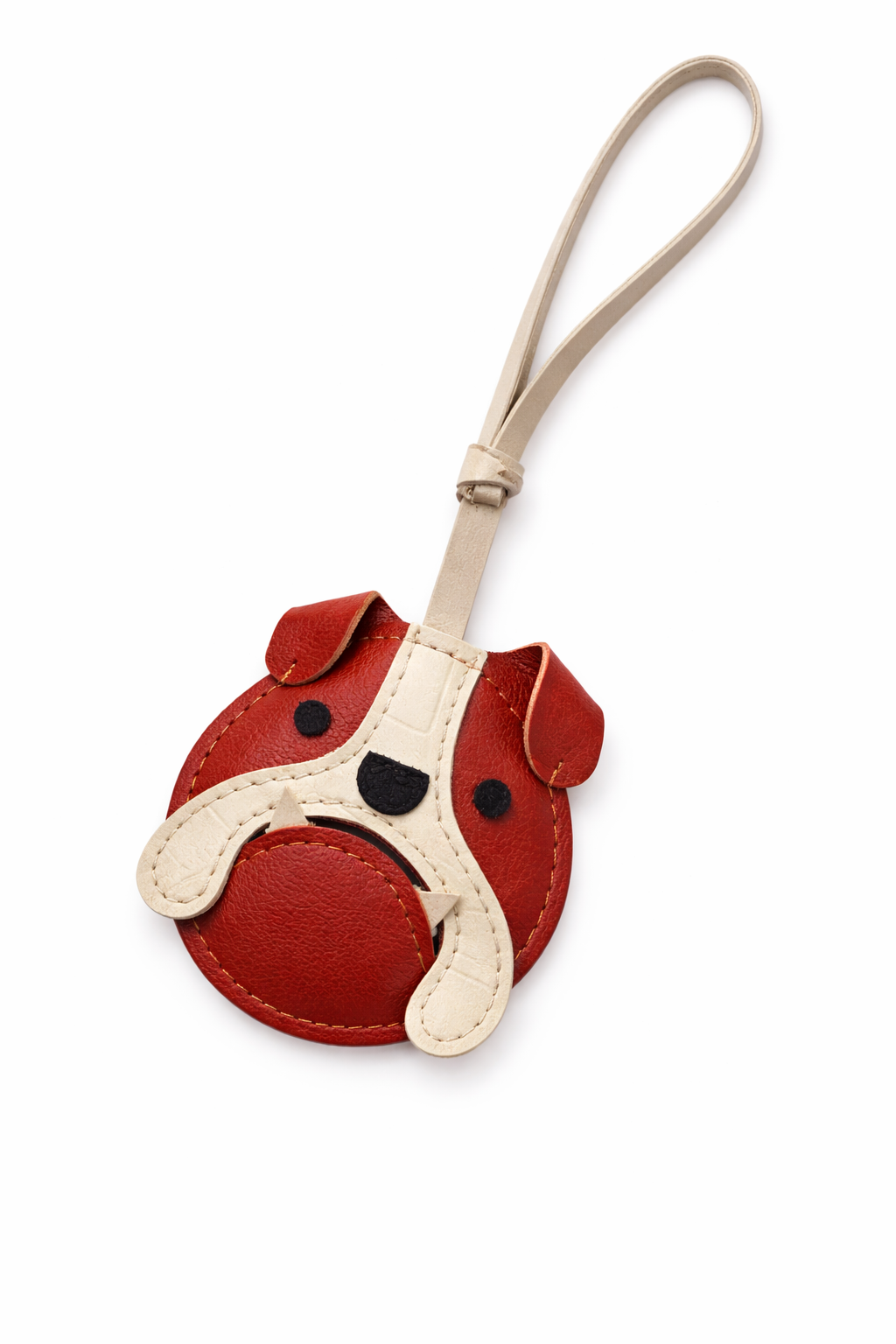 Red dog-shaped keychain with a beige strap on a white background