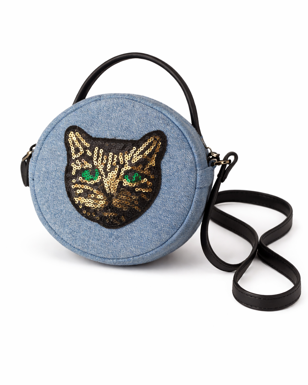 Round denim bag with a cat face design on a white background