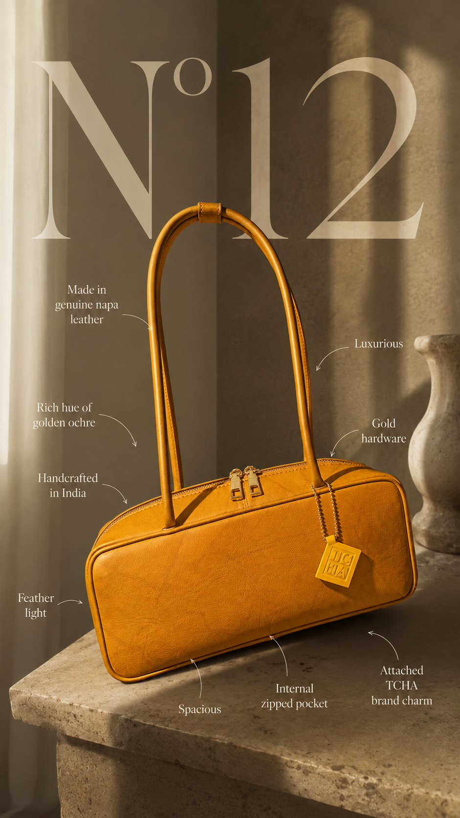 A mustard yellow leather handbag with a top handle and gold-tone hardware, displayed on a stone pedestal with decorative text and callout labels around it.