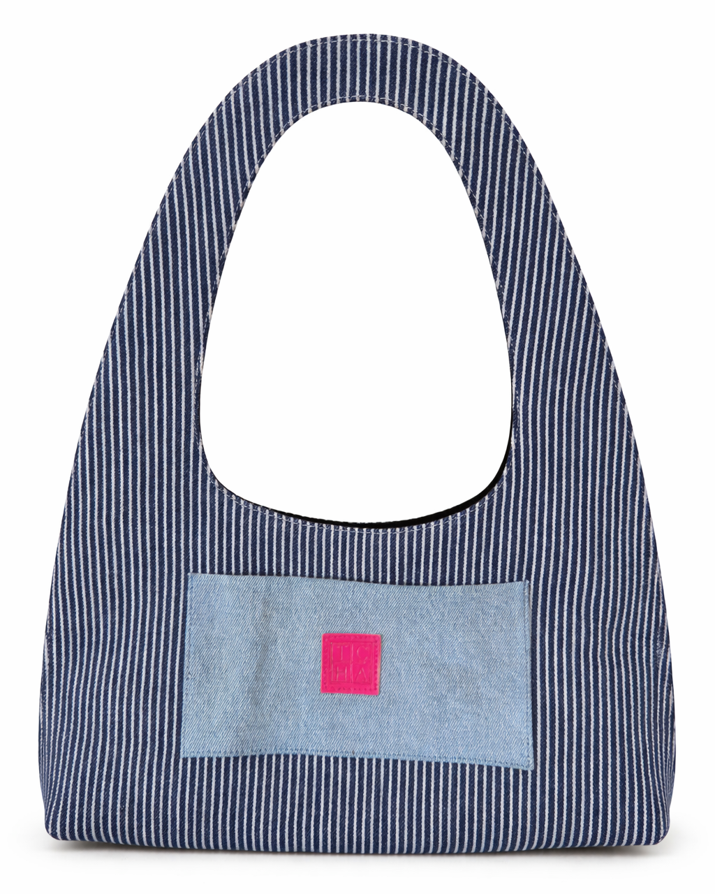 Blue striped handbag with a pink square patch on a white background