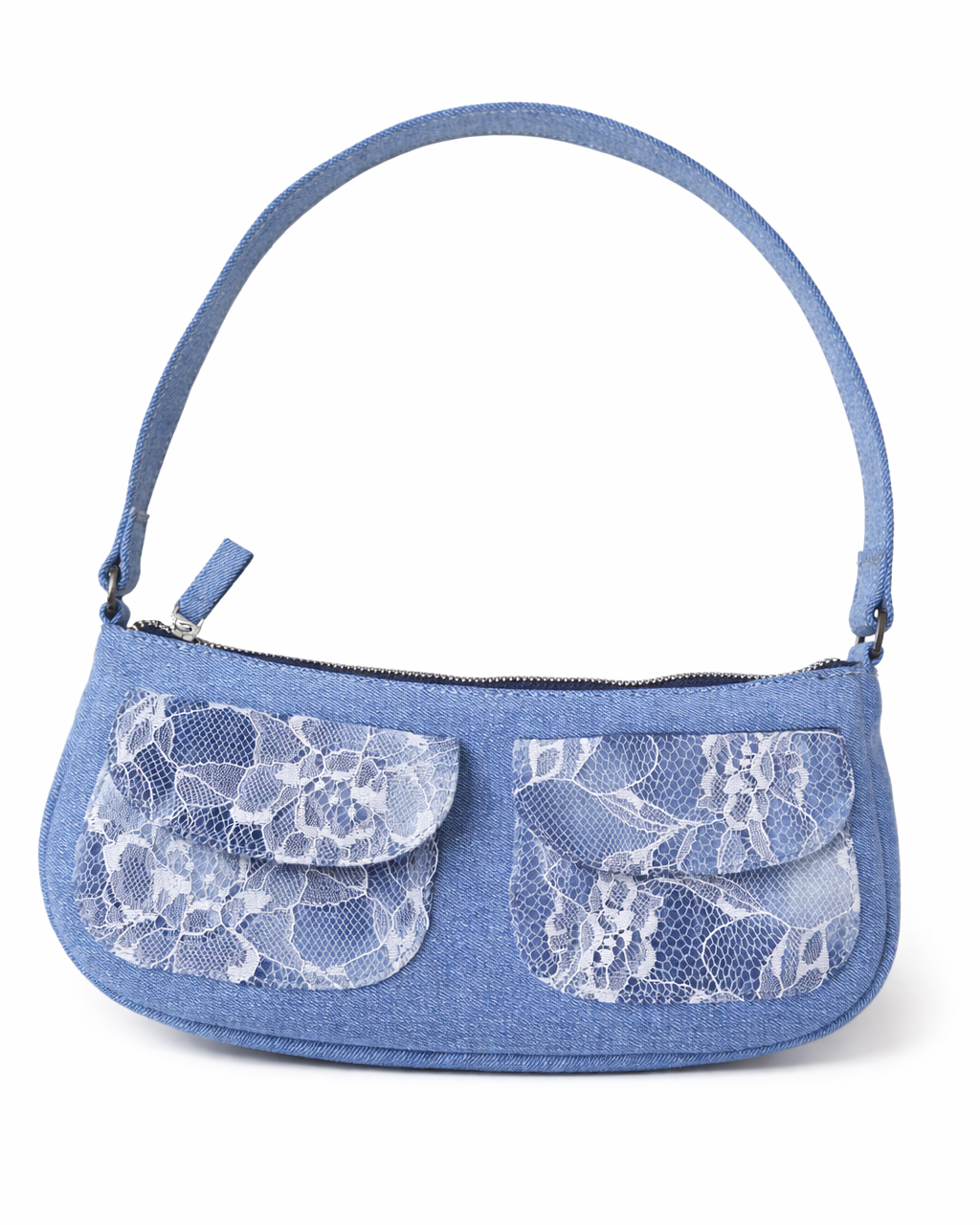 Blue handbag with lace details on a white background