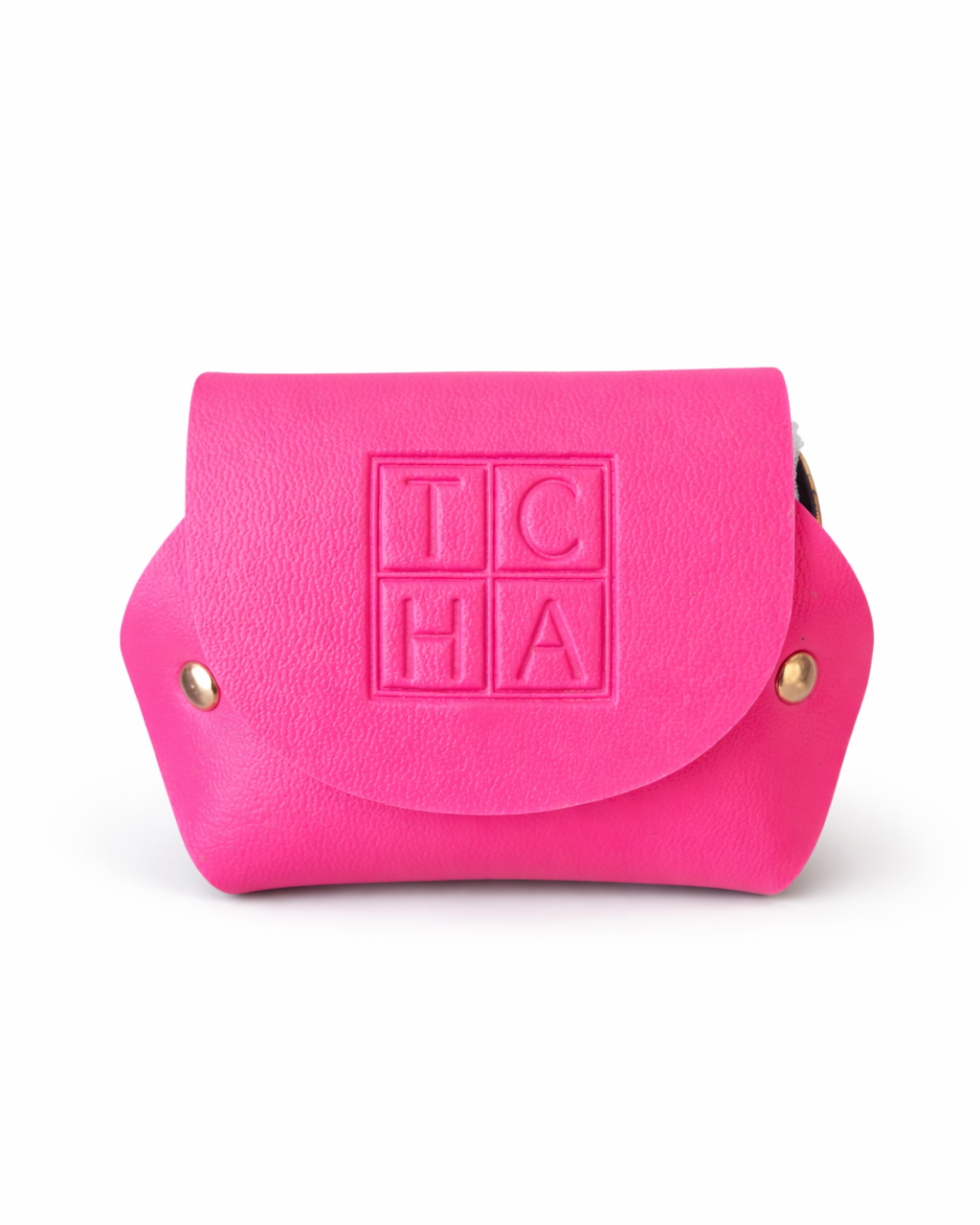 Pink pouch with 'TCHA' branding on a white background