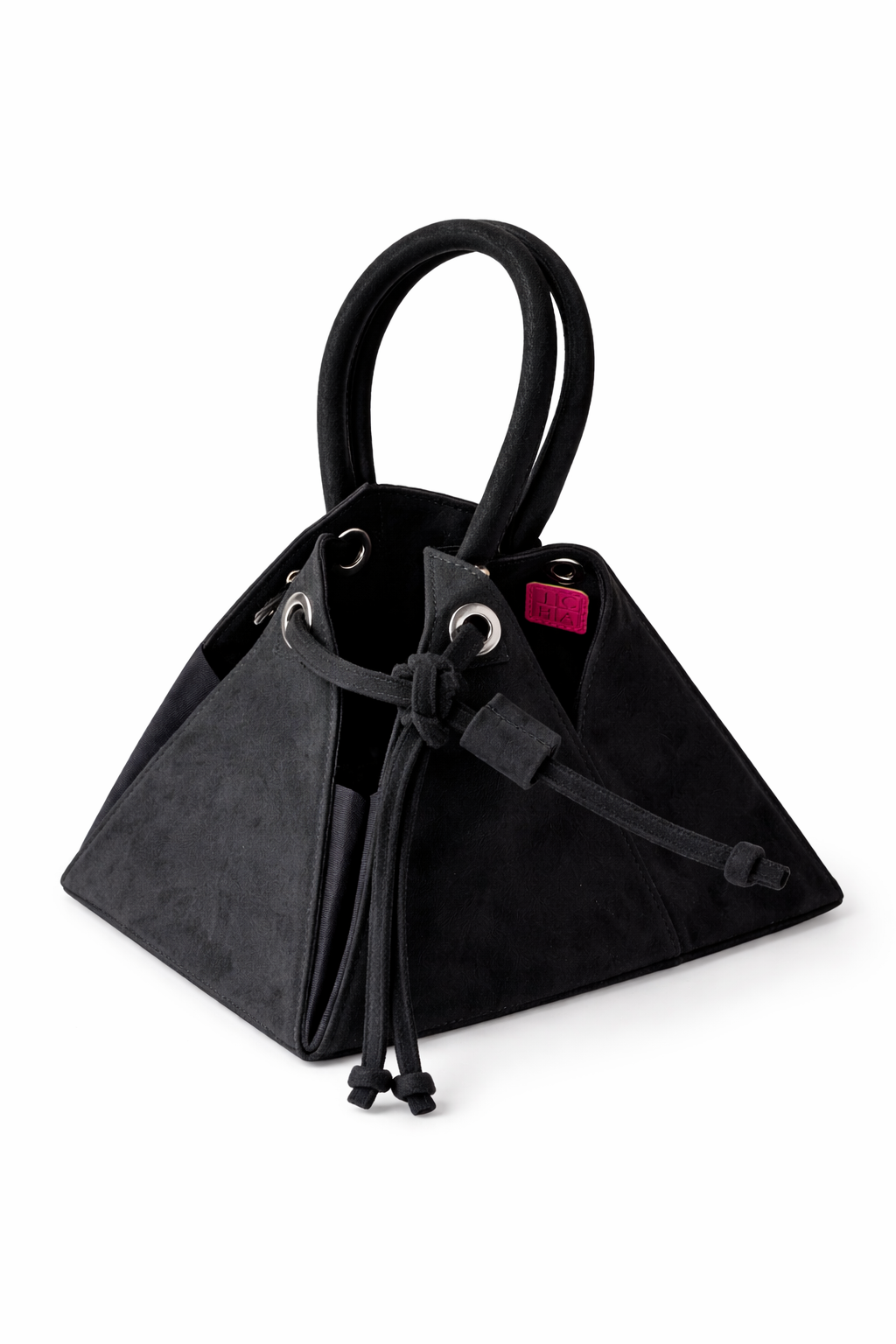 Black pyramid-shaped handbag with drawstring on a white background