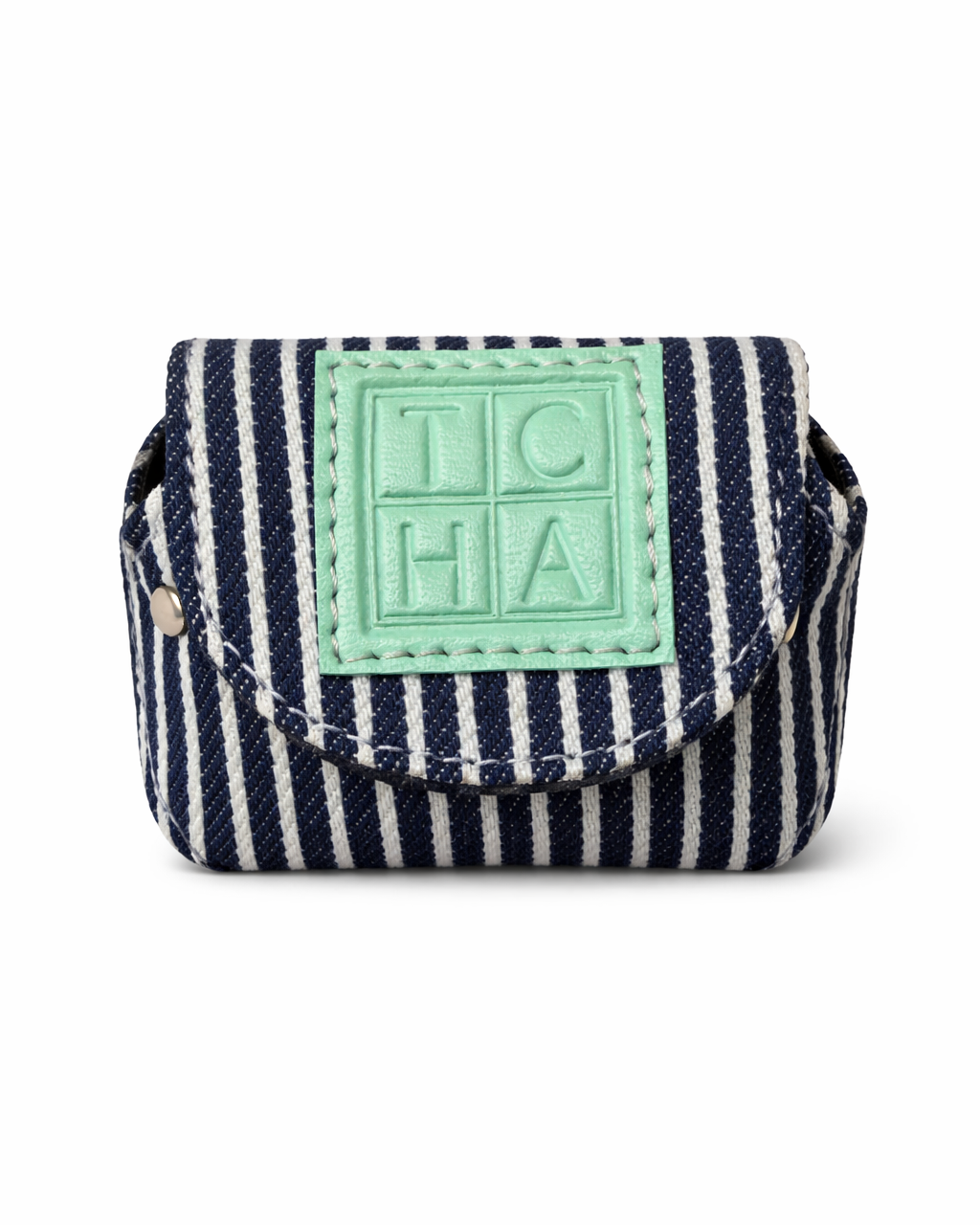 Navy and white striped pouch with a green patch on a white background